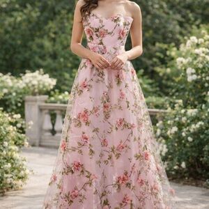 Floral Pink Strapless Dress